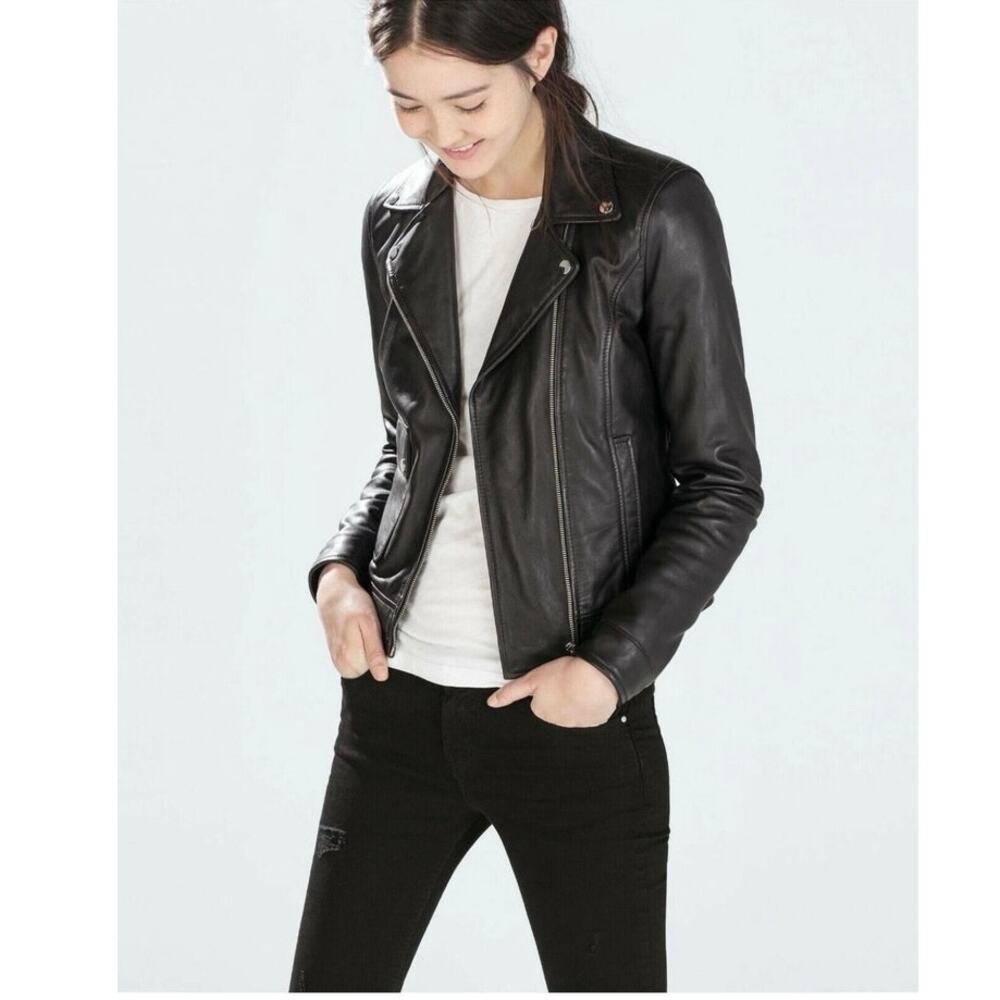 Zara Trafaluc XS 100% Lambskin Leather Moto Jacket – Black